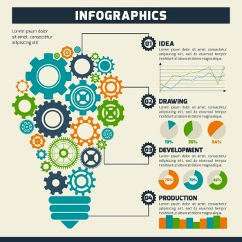 Business idea development and production infographics with gear lightbulb and charts vector illustration