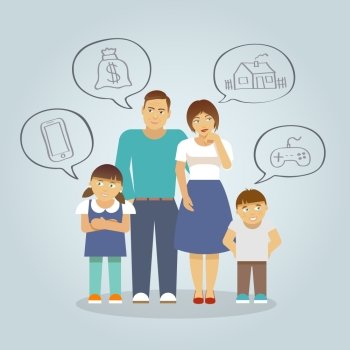 Family with parents and girl and boy children dreaming of money house and toys flat vector illustration