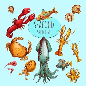 Seafood fresh gourmet delicacy sketch colored decorative icons set isolated vector illustration