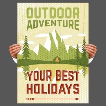 Your best outdoor holiday adventure hiking tours travel agency advertisement poster with forest tent abstract vector illustration