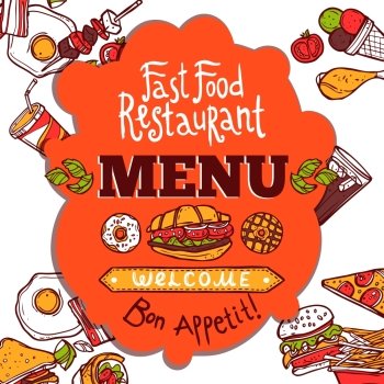 Fast food restaurant colored menu with sketch dishes drinks and enjoy your meal text vector illustration