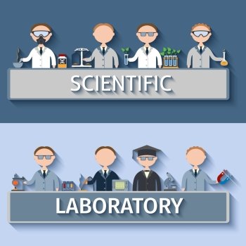 Scientific laboratory concept with scientists in lab making research observations and investigations vector illustration