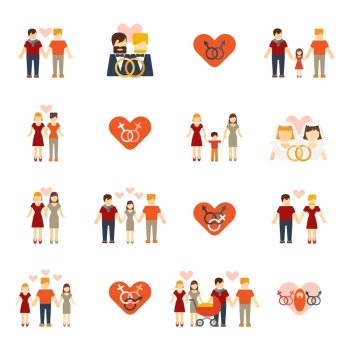 Nontraditional homosexual lesbians partners and gays couples wedding and parenting flat icons set abstract isolated vector illustrations