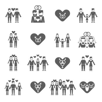 Nontraditional married same sex couples love relationship and child parenting black icons set abstract isolated vector illustrations