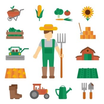 Professional farmer man cartoon character standing in uniform green dungarees with hay fork poster flat vector illustration