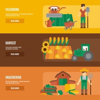 Farmer cartoon character fieldwork harvesting and farmland products ingathering flat horizontal banners set abstract isolated vector illustration