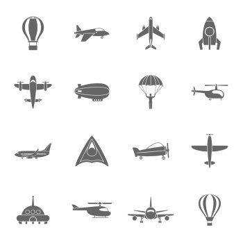 Aircraft dirigible and hot air balloon travel pictograms collection with spacecraft rocket abstract black isolated vector illustration