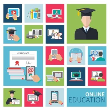 Online school and university distance education flat icons set isolated vector illustration