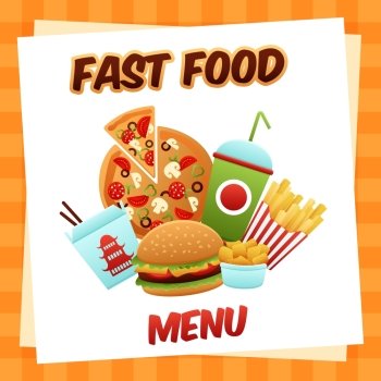 Fast food menu concept with pizza hamburger chips decorative icons set vector illustration