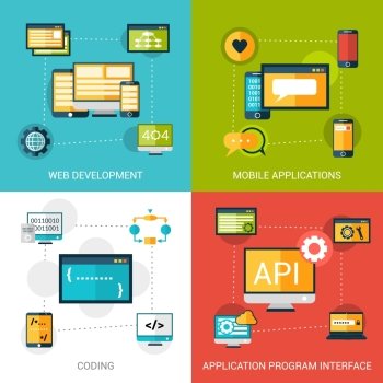 Programming design concept set with web development mobile applications coding interface flat icons isolated vector illustration