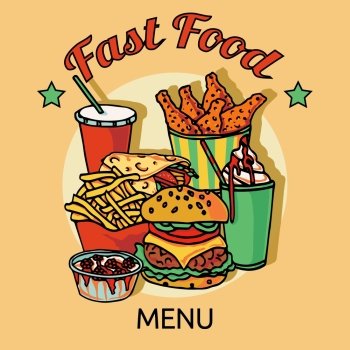 Fast food  restaurants hain menu advertisement poster with chicken hamburger soda drink and hotdog abstract vector illustration. Fast food chain menu poster 