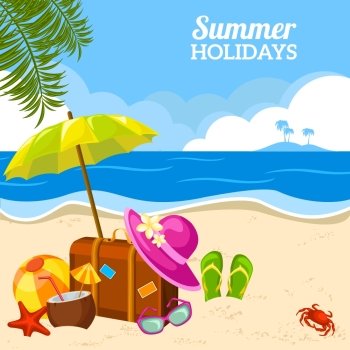 Beautiful summer seaside view poster with beach sunny day with sand umbrella and palm leaves holidays vector illustration. . Summer seaside view on the beach poster