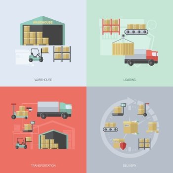 Warehouse design concept set with loading transportation and delivery flat icons isolated vector illustration. Warehouse Flat Set