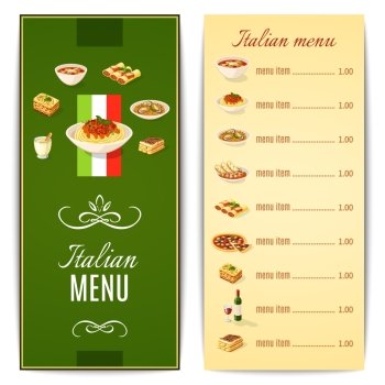Italian restaurant menu template with traditional food cuisine vector illustration. Italian Food Menu