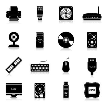 Computer parts icons black set with monitor modem keyboard isolated vector illustration. Computer Parts Icons Black