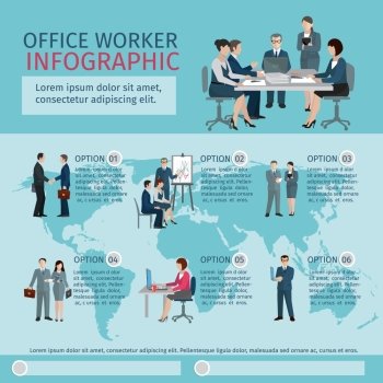 Office worker infographics set with business teamwork workflow symbols vector illustration. Office Worker Infographics
