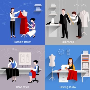 Sewing design concept set with fashion atelier tailor studio shop flat icons isolated vector illustration. Sewing Flat Set