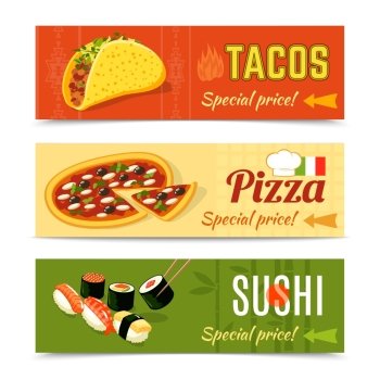 Food delivery horizontal banner set with tacos pizza sushi isolated vector illustration. Food Banners Set