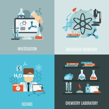 Chemistry science design concept with investigation laboratory flat icons isolated vector illustration. Chemistry Flat Set