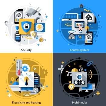 Smart house design concept set with security electricity heating and multimedia control system flat icons isolated vector illustration. Smart House Icons