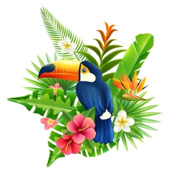 Tropical flowers and plant fronds set with toucan bird vector illustration. Tropical Flowers Illustration