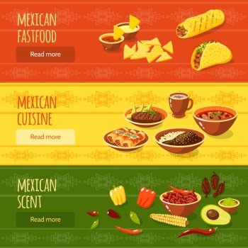 Mexican food horizontal banner set with fastfood scent cuisine elements isolated vector illustration. Mexican Food Banner Set
