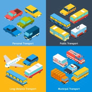 Transport design concept set with public personal long-distance and municipal isometric icons set isolated vector illustration. Transport Isometric Set
