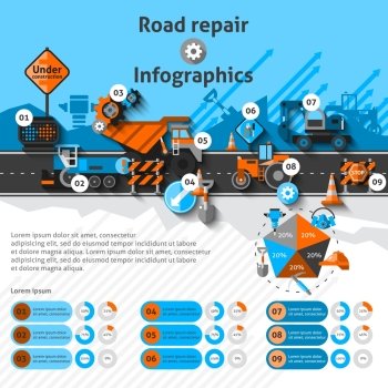 Road repair infographics set with construction machines and charts vector illustration. Road Repair Infographics