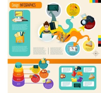 Design infographics set with designer studio symbols and charts vector illustration. Design Infographics Set