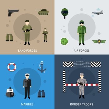 Military design concept set with land air marines forces and border troops flat icons isolated vector illustration. Military Flat Set