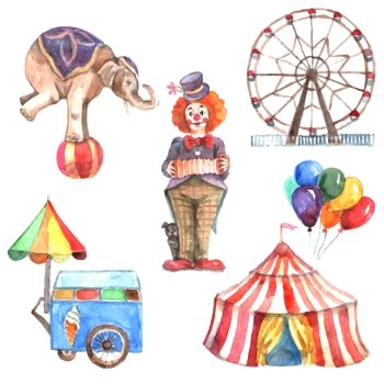 Watercolor circus decorative icons set with elephant clown and ferris wheel isolated vector illustration. Watercolor Circus Set