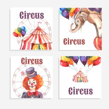 Circus card set with watercolor animals balloons and clown isolated vector illustration. Circus Card Set