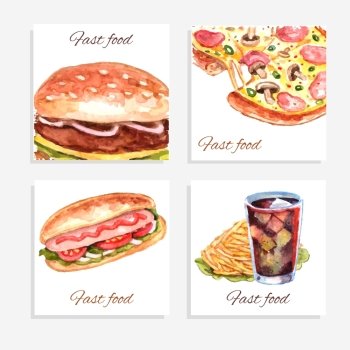 Watercolor fastfood cards set with sandwich pizza hamburger and soda drink isolated vector illustration. Watercolor Fastfood Cards