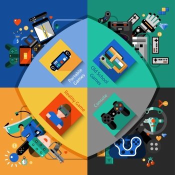 Video games design concept set with portable old school reality and console flat icons isolated vector illustration. Video Games Set