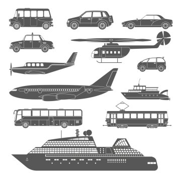 Large detailed black and white transport icons set isolated vector illustration. Detailed black and white transport icons set
