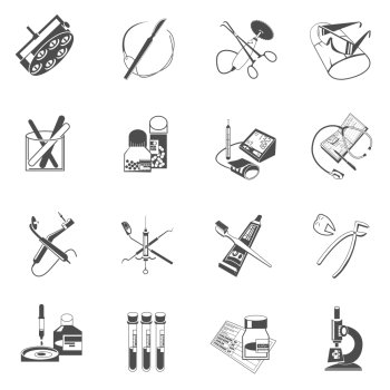 Medical dental instruments and accessories black icons set with surgery scalpel and forceps abstract isolated vector illustration. Medical healthcare icons set black