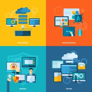 Program development design concept set with firewall and testing flat icons isolated vector illustration. Program Development Flat Set