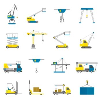 Lifting equipment cargo transportation and construction machinery flat icon set isolated vector illustration. Lifting Equipment Flat Icon Set