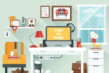Workspace in room with flat work study and interior icons vector illustration. Workspace In Room