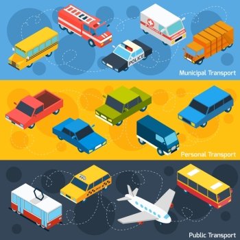Transport horizontal banner set with municipal personal and public isometric elements isolated vector illustration. Transport Isometric Banner Set