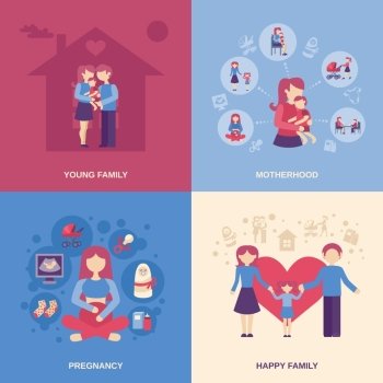 Motherhood design concept set with young happy family flat icons isolated vector illustration. Motherhood Flat Set