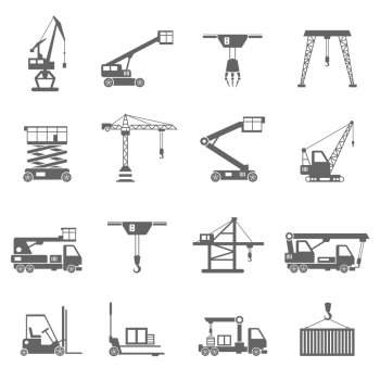 Lifting equipment and heavy industrial machines black icons set isolated vector illustration. Lifting Equipment Icons