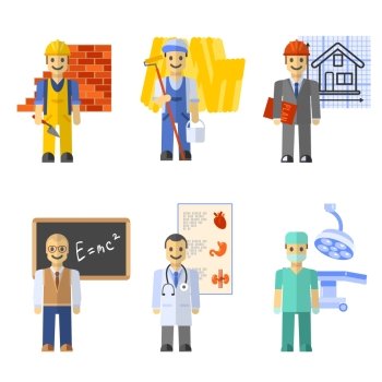 Profession characters set with engineer worker teacher doctor isolated vector illustration. Profession Characters Set