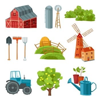 Farm decorative multicolored set with barn tractor windmill haystack silo tower tree bushes watering can spade rake pitchfork isolated vector illustration. Farm decorative multicolored set