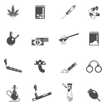 Drugs black icons set with magic mushrooms weed leaf crack smoke isolated vector illustration. Drugs Icons Set