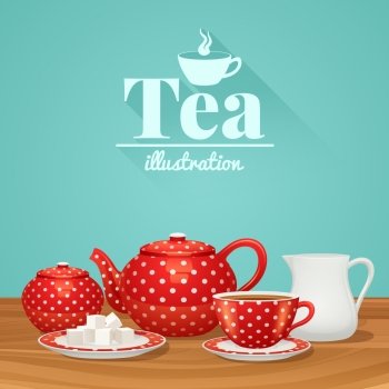 Red polka dot tea pottery set with teapot cup saucer vector illustration. Tea Pottery Illustration