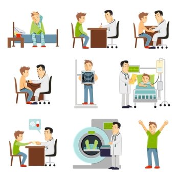 consulting practitioner doctor and patient in hospital set flat decorative icons isolated vector illustration. Doctor And Patient Set