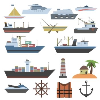 Ships and sailing vessels flat decorative icons set with marine symbols isolated vector illustration. Ship Flat Icon