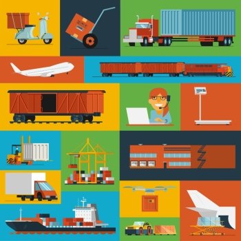 Freight transportation and delivery logistics flat icons set with  international operator complex service  abstract isolated vector illustration. Logistic icons set flat 
