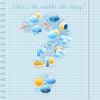 College squared notebook page day weather forecast symbols labels and pen ink sketch composition abstract vector illustration. School notebook page weather forecast concept
